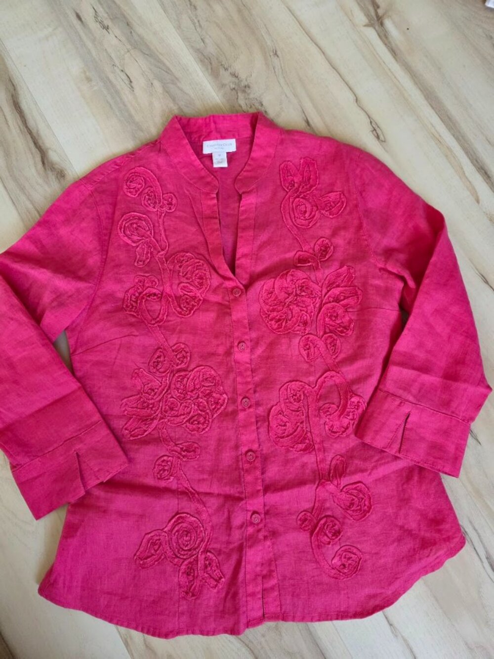 Charter Club Hot Pink Embroidered Linen Button Up Blouse 3/4 Sleeve 2P